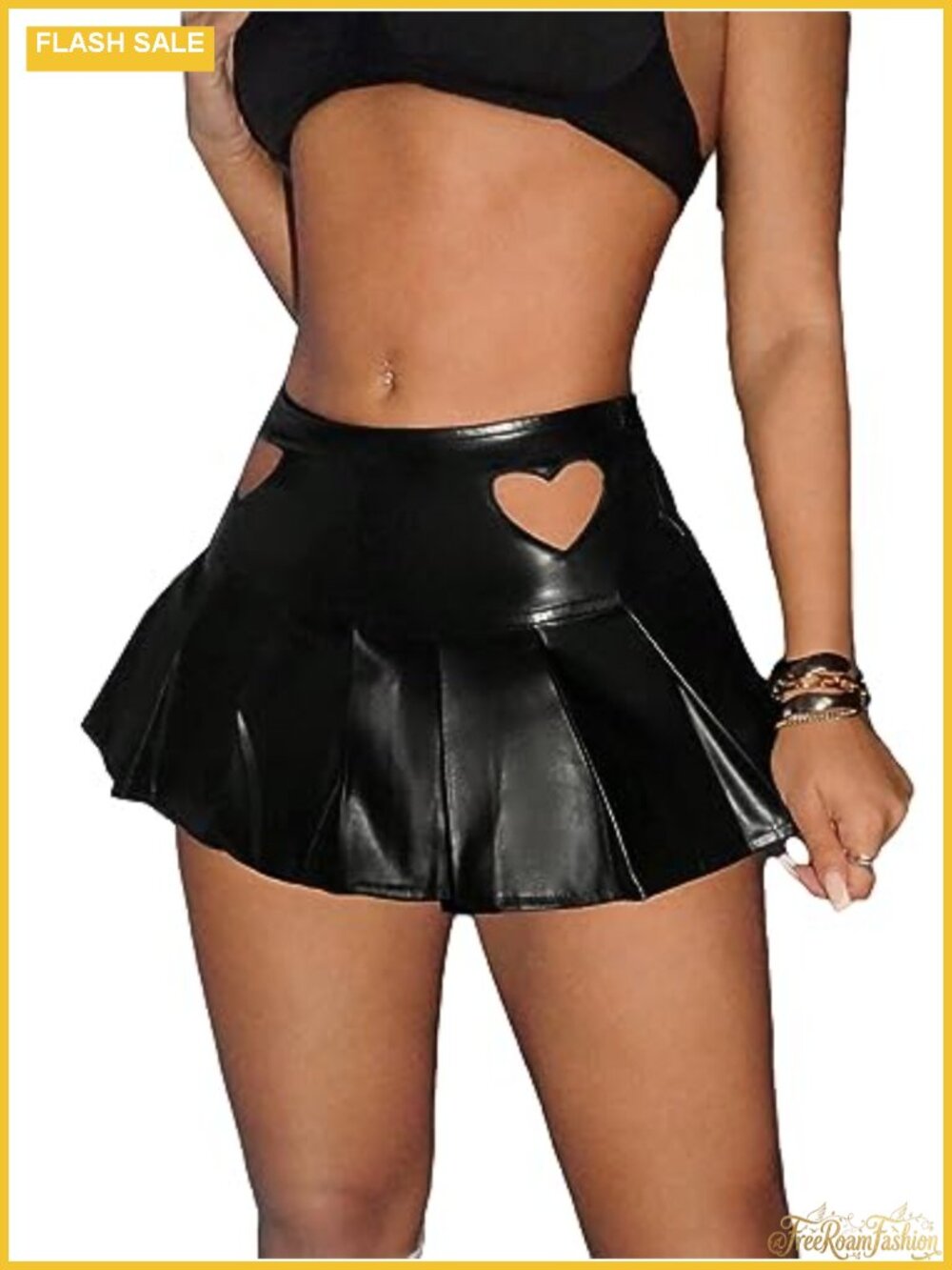 PU Leather High Waist Mini Skirt Heart Cutout Pleated Stretchy Party Club